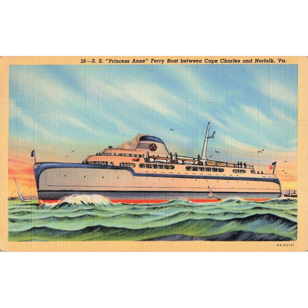 Vintage SS Princess Anne Ferry Boat Postcard Cape Charles Norfolk VA Linen 1946